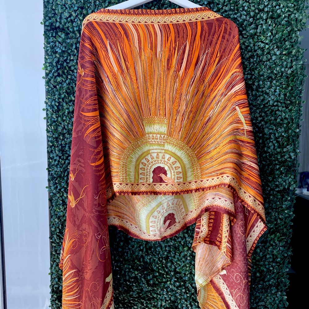 Pineda Covalin Silk Poncho - Orange “Feather Sunrise”